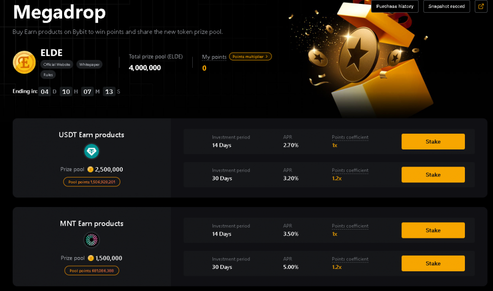 Airdrop 4,000,000 ELDE via Megadrop - Rich Staking Launchpool on Bybit.